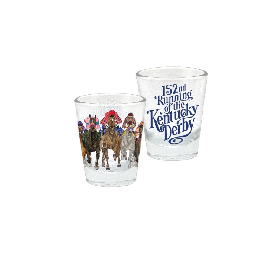 Two shot glasses with horse design and '152nd Running of the Kentucky Derby' text on a white background