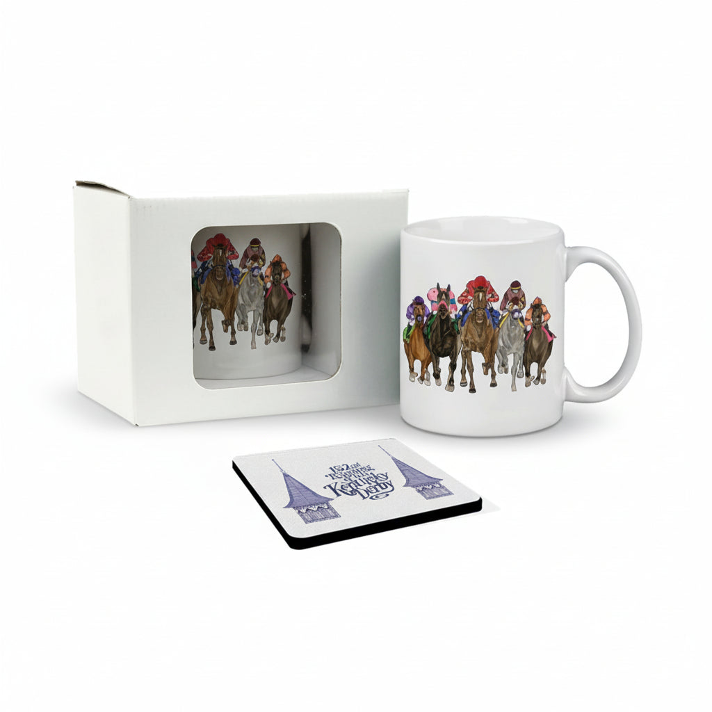 The Art of the Derby set featuring a white ceramic mug with a colorful horse racing illustration and a matching 152nd Kentucky Derby coaster.