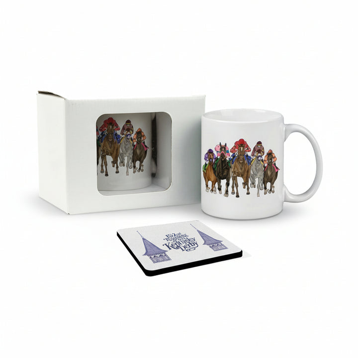 The Art of the Derby set featuring a white ceramic mug with a colorful horse racing illustration and a matching 152nd Kentucky Derby coaster.