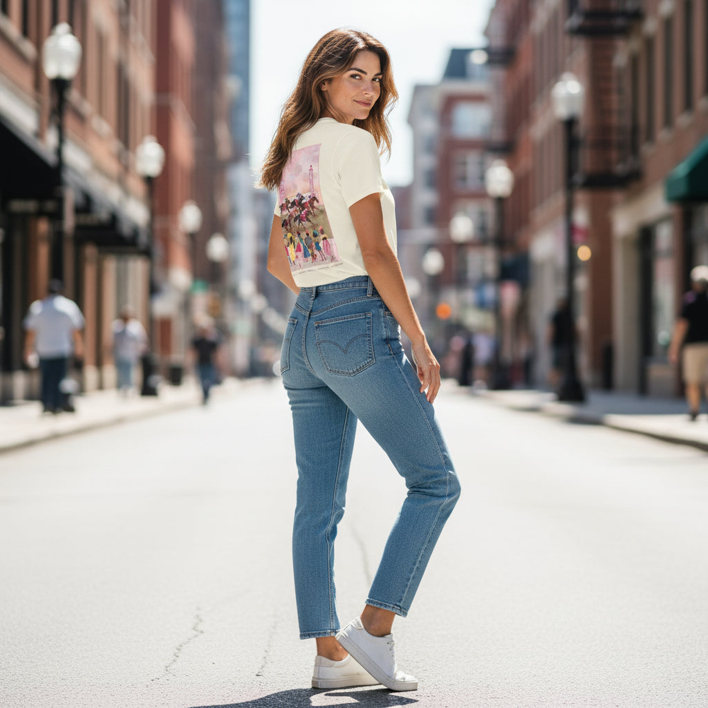A model wearing the Art of the Derby 152 Kentucky Oaks Poster T-Shirt, showcasing the vibrant back graphic and soft natural cotton fabric.