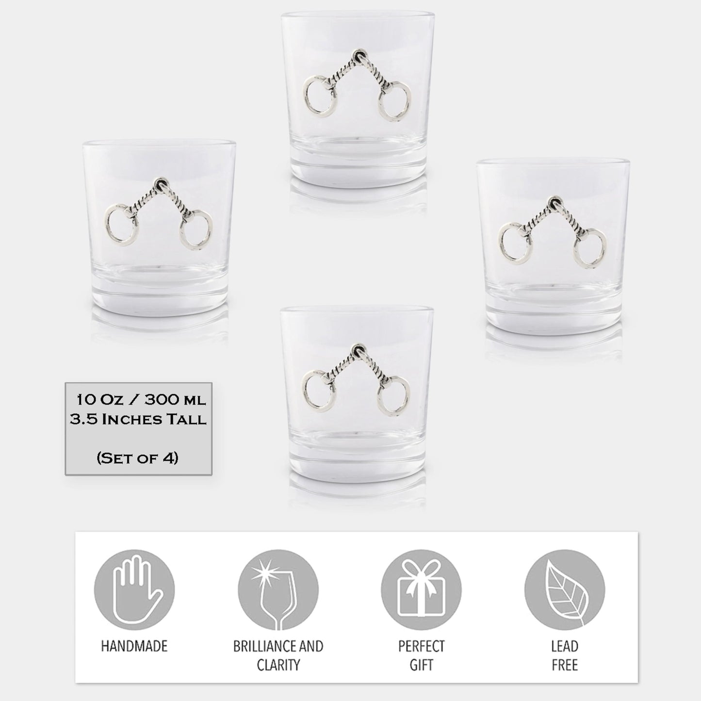 Set of four clear glasses with equestrian stirrup design on a white background