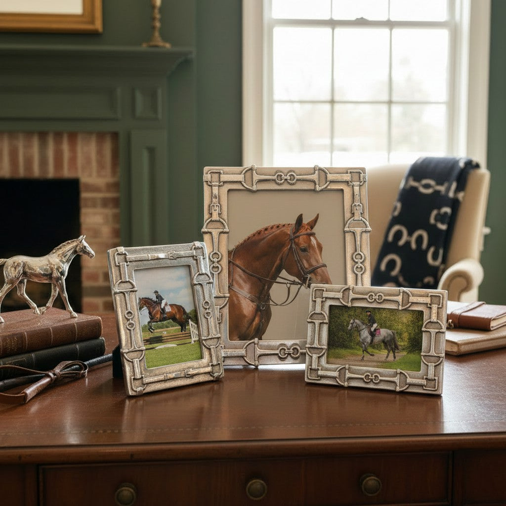 Arthur Court Equestrian Bit Photo Frame displayed on a mantel as elegant equestrian home decor.