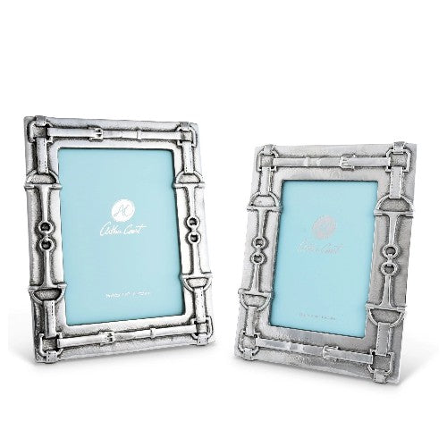  Angled view of the Arthur Court Equestrian Bit Photo Frame showing detailed aluminum alloy bit accents and handcrafted styling.