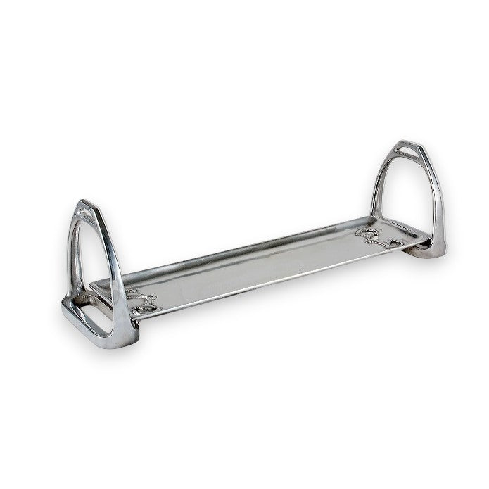 A polished silver aluminum serving tray featuring equestrian stirrup handles, displayed against a clean white background.
