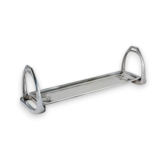 A polished silver aluminum serving tray featuring equestrian stirrup handles, displayed against a clean white background.