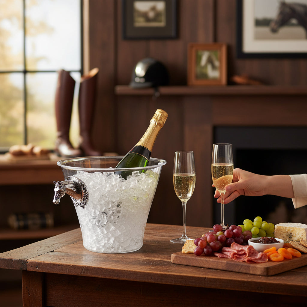Two people toasting with champagne glasses with the equestrian-themed ice bucket in a cozy, elegant room setting.