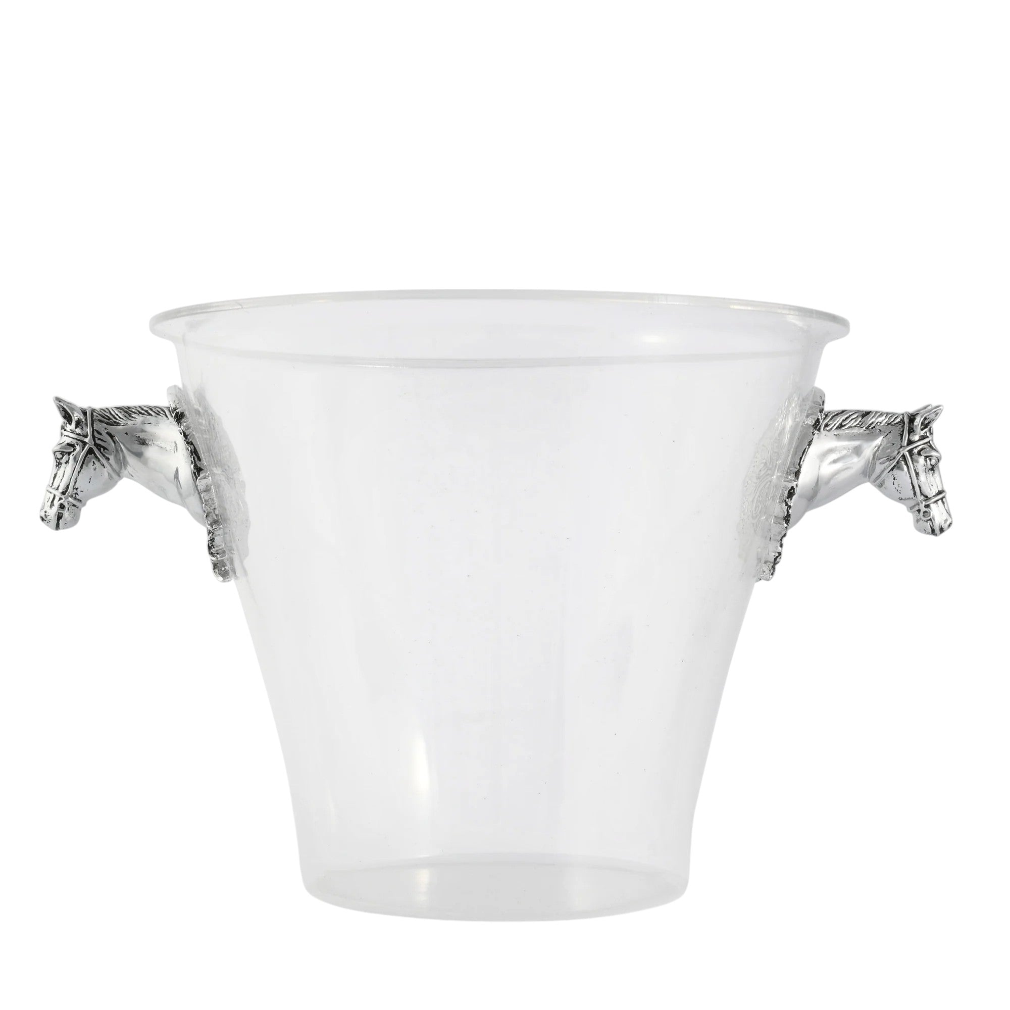 Clear glass ice bucket with silver horse handles on a white background