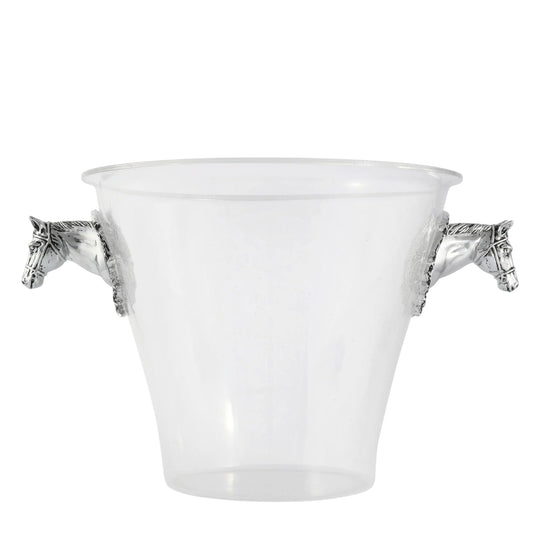 Clear glass ice bucket with silver horse handles on a white background