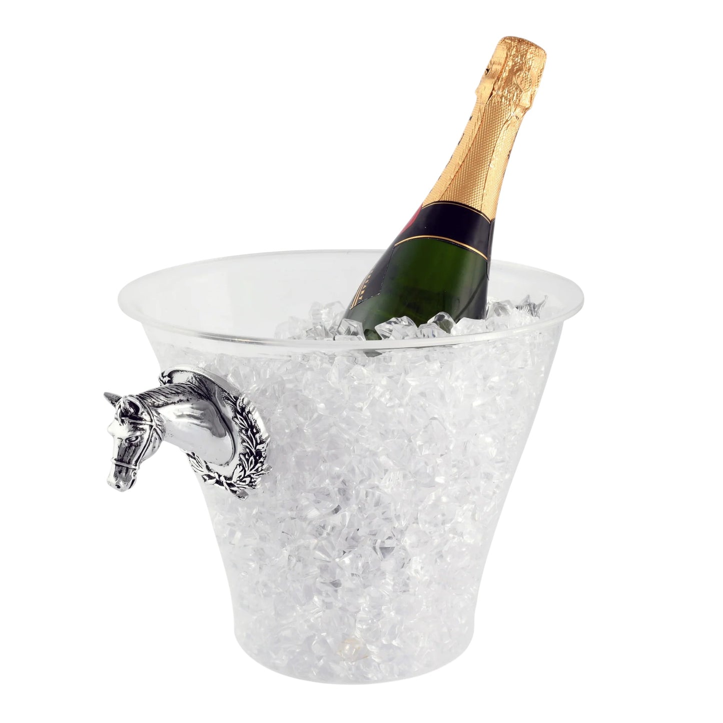The Arthur Court horse head ice bucket filled with ice and chilling a bottle of champagne.