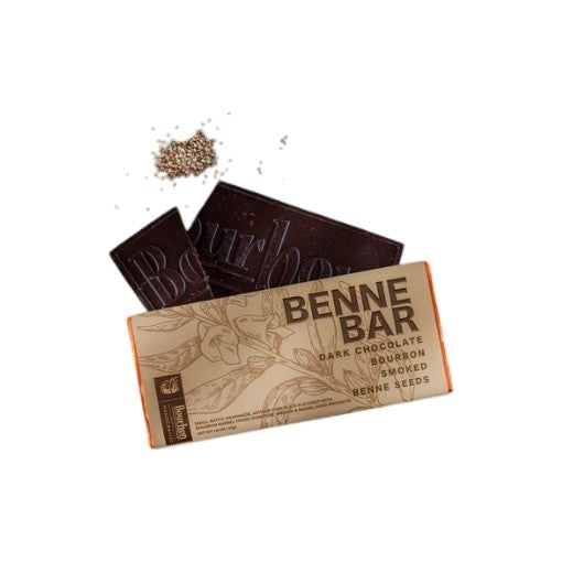 Dark chocolate bar with 'BENNE BAR' packaging on a white background