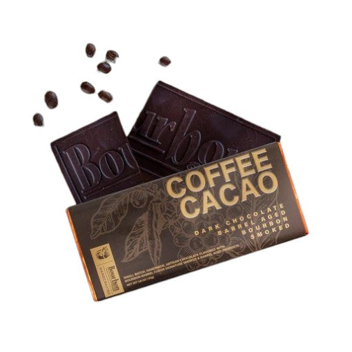 Dark chocolate bar with 'Coffee Cacao' packaging on a white background