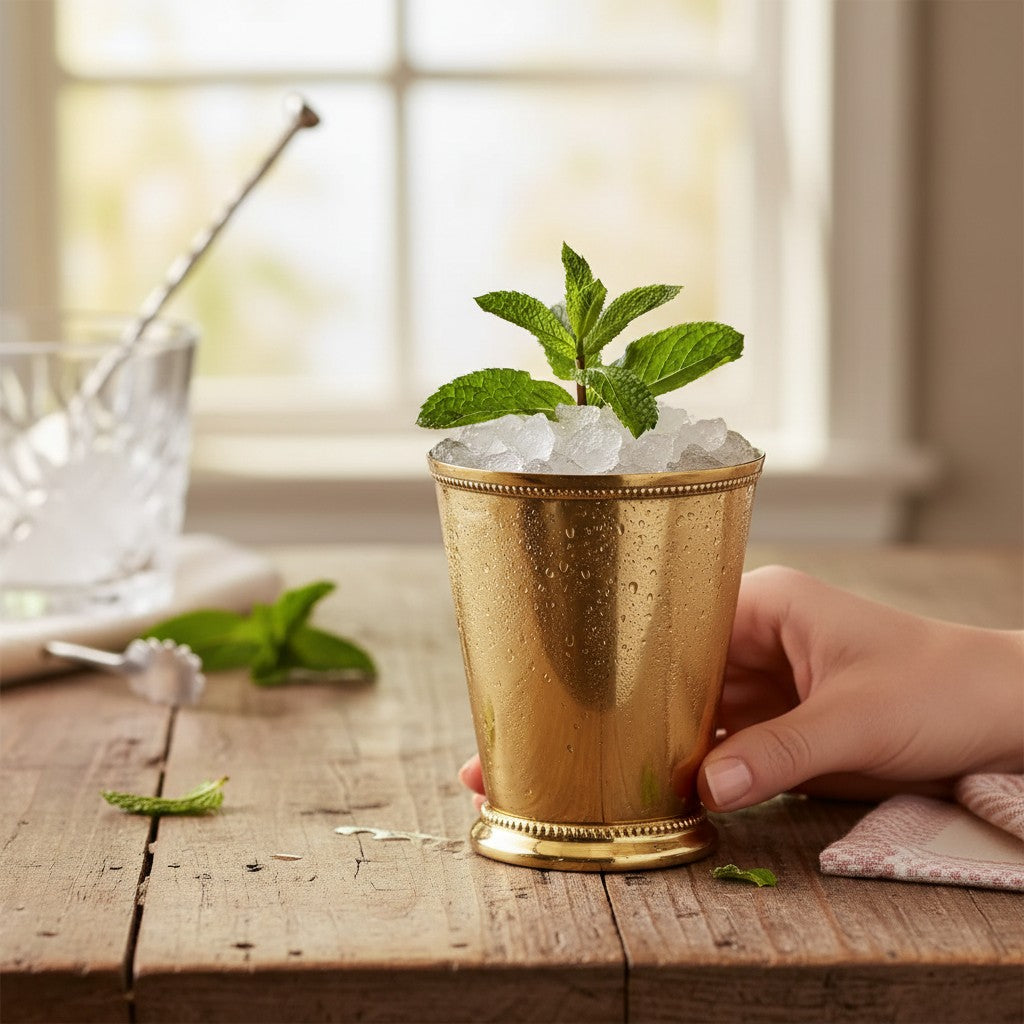 A lifestyle photo of the large gold julep cup being held by a hand, sitting on a rustic wooden table near a window, capturing the warmth and elegance of the piece in a home setting.
