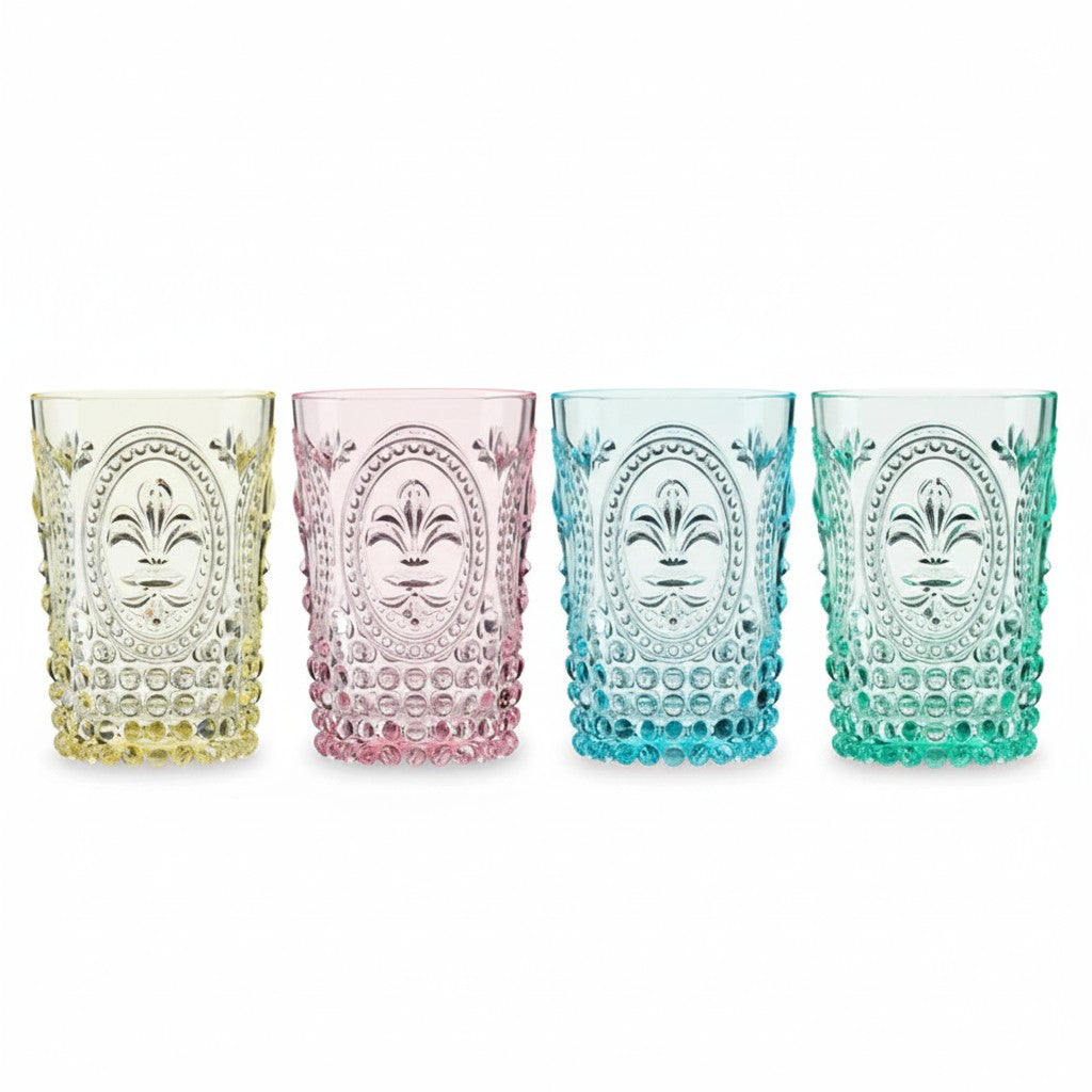 A collection of all four colors of the embossed acrylic tumblers, displayed together to show the variety.