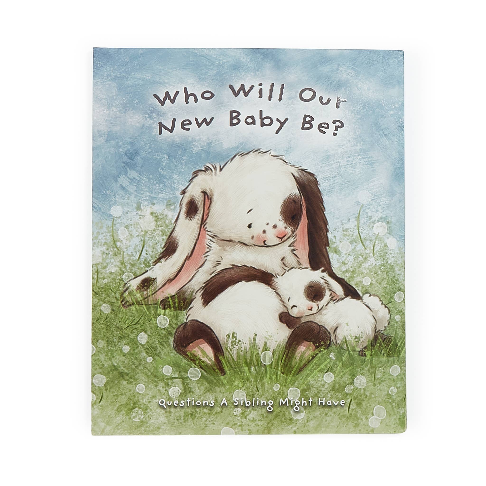 A Taste of Kentucky "Who Will Our New Baby Be?" hard cover story book for ages 0-3, featuring a mother bunny and baby bunny in a grassy field.