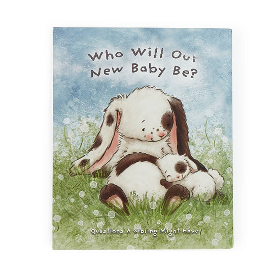 A Taste of Kentucky "Who Will Our New Baby Be?" hard cover story book for ages 0-3, featuring a mother bunny and baby bunny in a grassy field.
