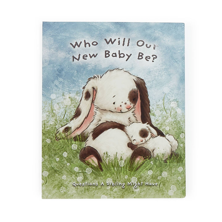 A Taste of Kentucky "Who Will Our New Baby Be?" hard cover story book for ages 0-3, featuring a mother bunny and baby bunny in a grassy field.