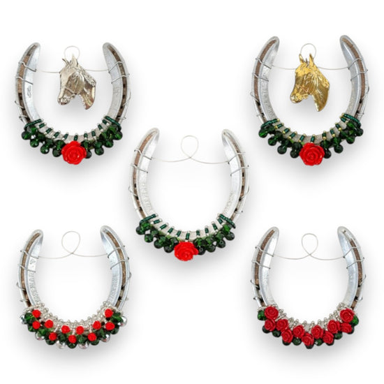 authentic, track-worn horseshoes from Churchill Downs bejeweled with a lush garland of red roses and beads.