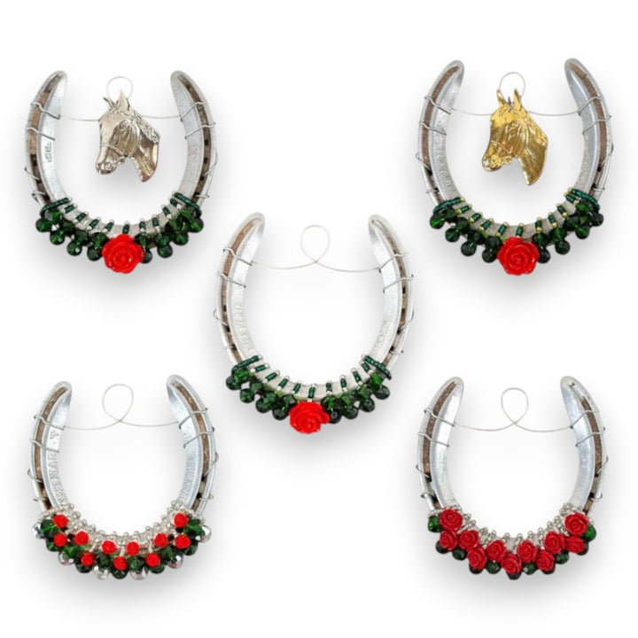 authentic, track-worn horseshoes from Churchill Downs bejeweled with a lush garland of red roses and beads.