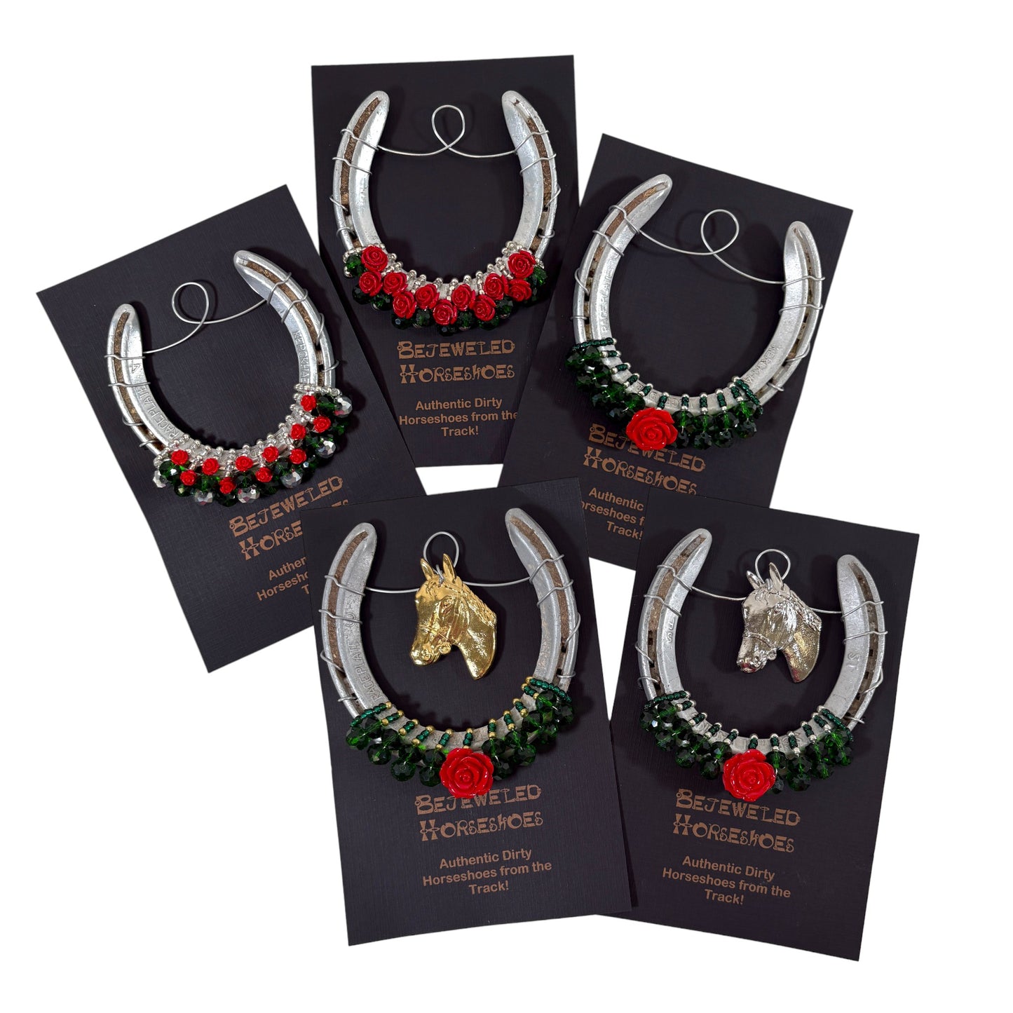 Set of bejeweled horsehoes on black cards with 'Bejeweled Horsehoes' branding.