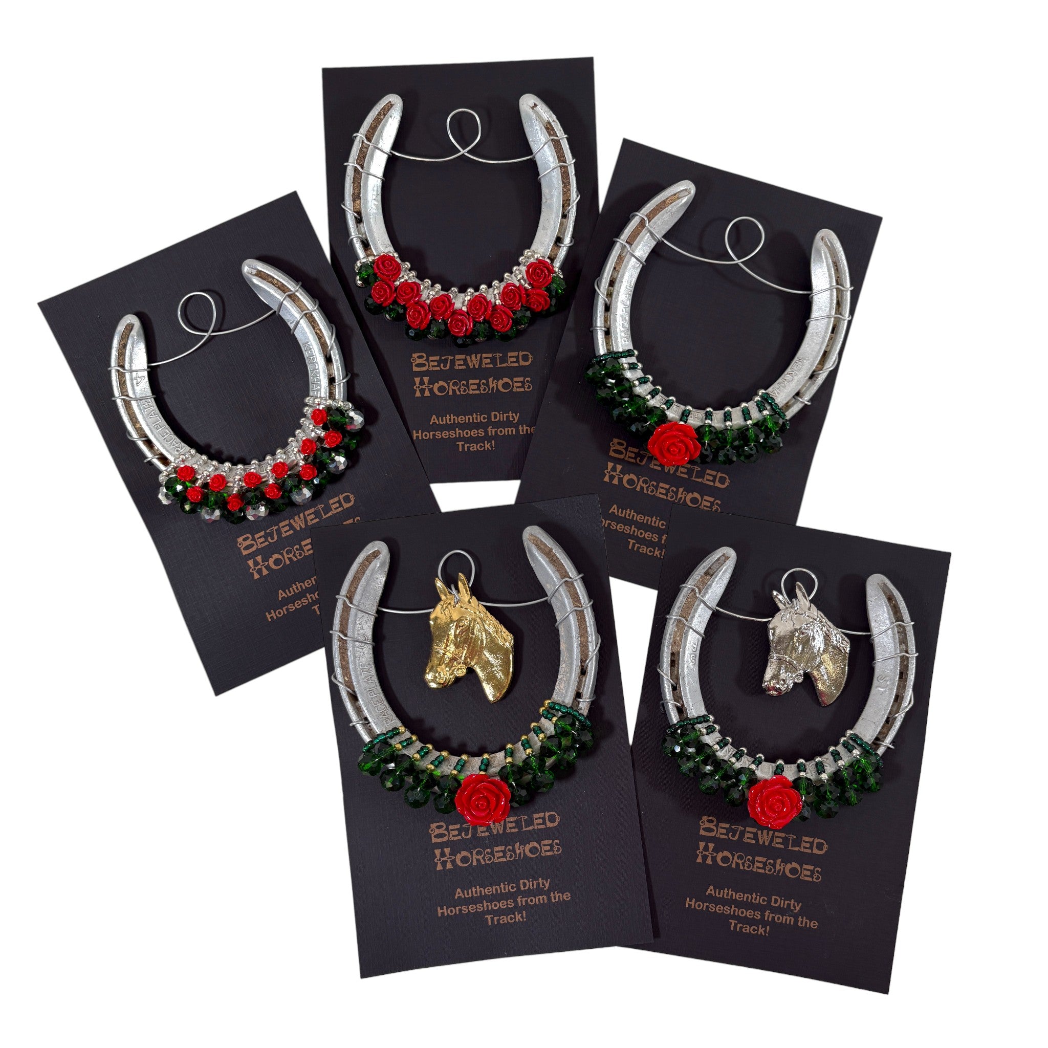 Set of bejeweled horsehoes on black cards with 'Bejeweled Horsehoes' branding.