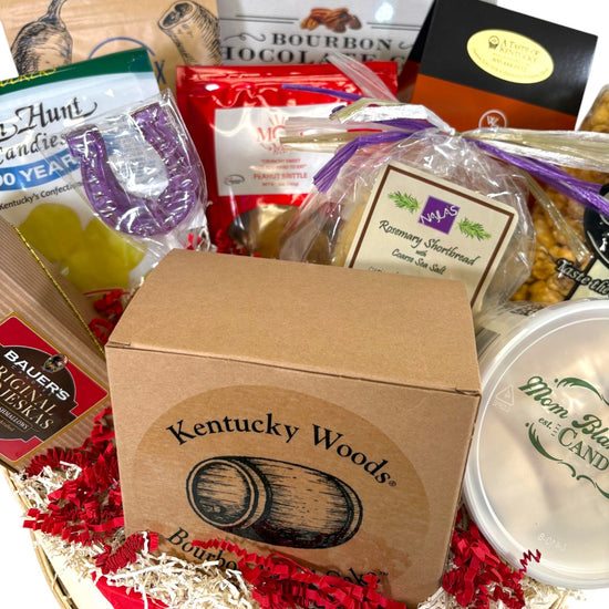 Barrel of Goodness Kentucky Gift Basket | Bourbon Chocolate Chip Pecan Pie, Bourbon Barrel Cake & Kentucky Candies