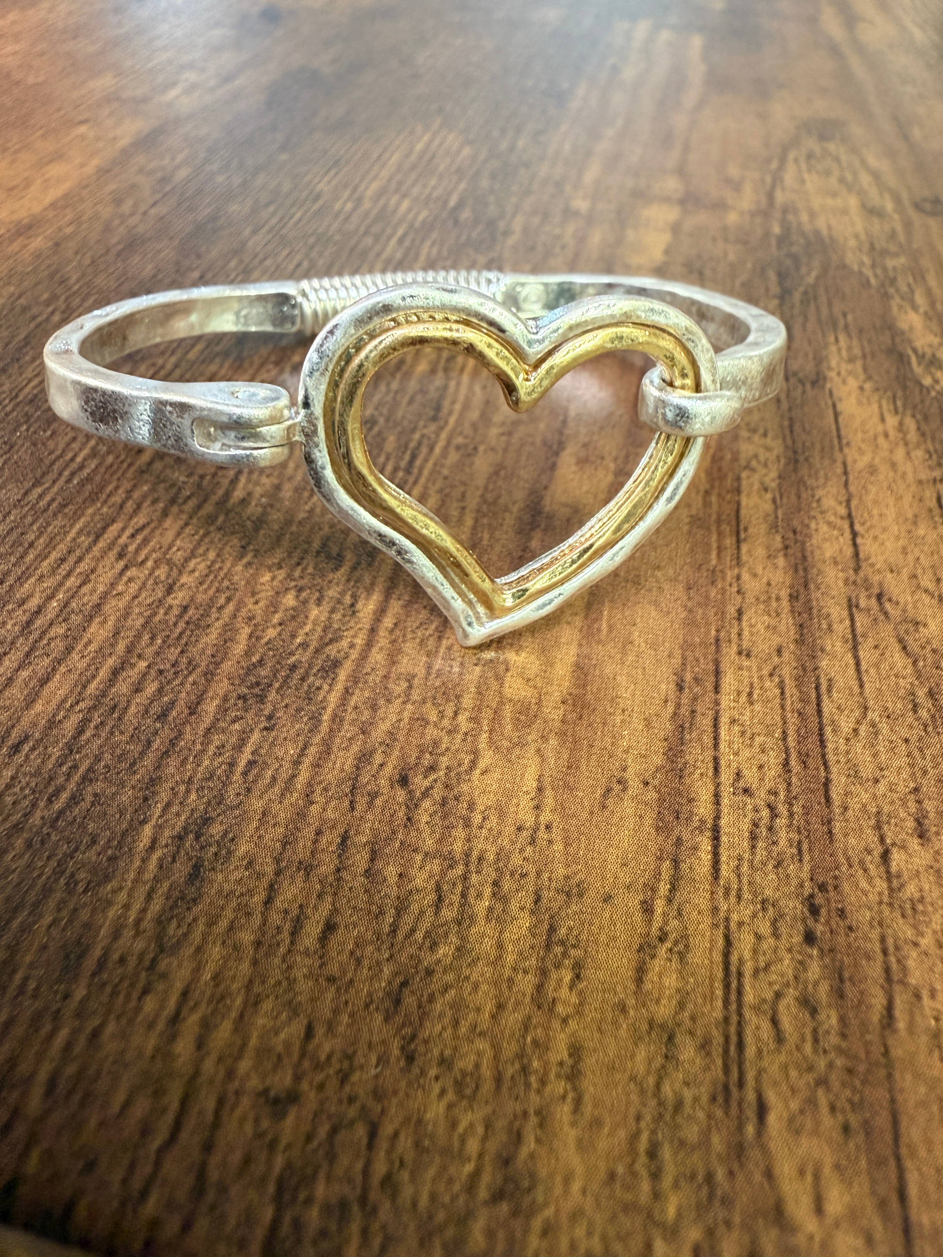 Mixed Metal Heart Cuff Bracelet -Silver/Gold