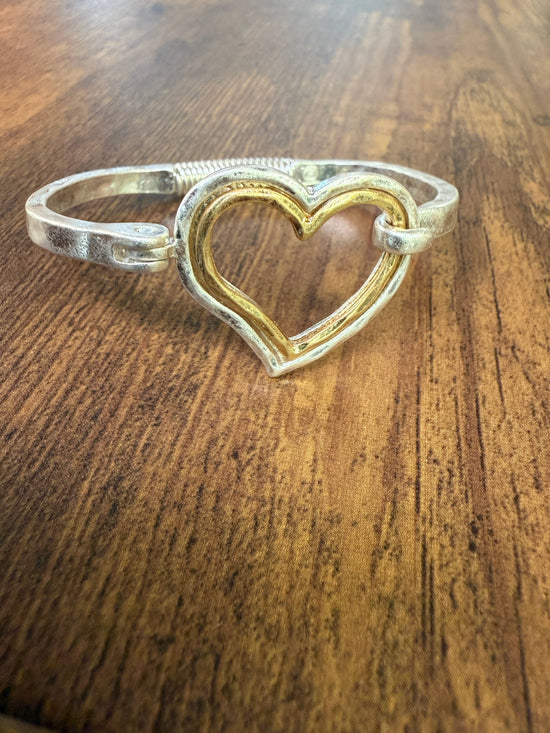 Mixed Metal Heart Cuff Bracelet -Silver/Gold
