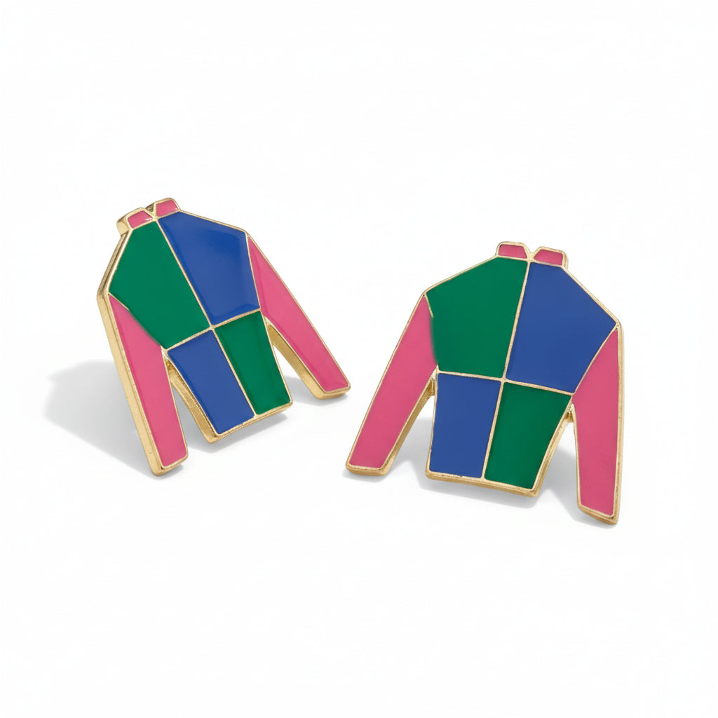  A pair of Beau Jockey Silk Enamel Stud Earrings in a multi-color geometric pattern of dark green, royal blue, and fuchsia pink with shiny gold plating.