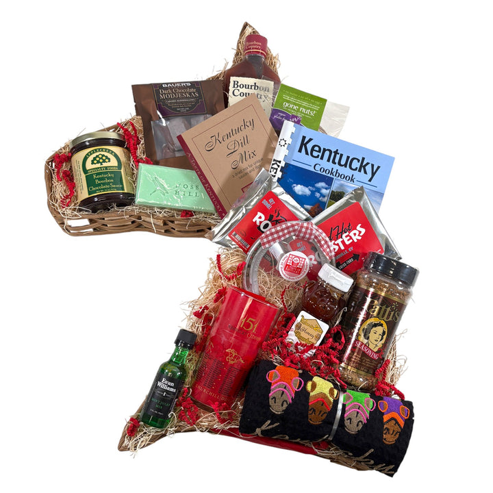 The Best of the Bluegrass Kentucky gift basket displayed in a horse-head shaped basket, filled with local foods and Derby gifts.