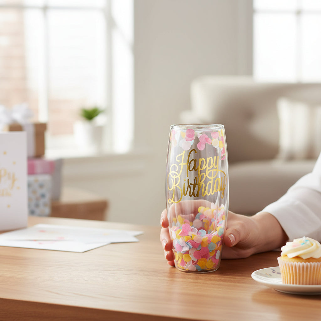 The Happy Birthday confetti glass displayed on a table with birthday gifts, a cake with candles, and party hats.