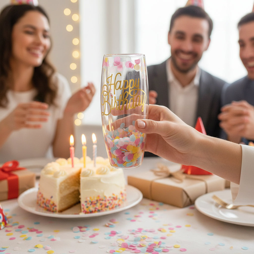 A hand holding the festive confetti-filled champagne glass next to a birthday cupcake with sprinkles.