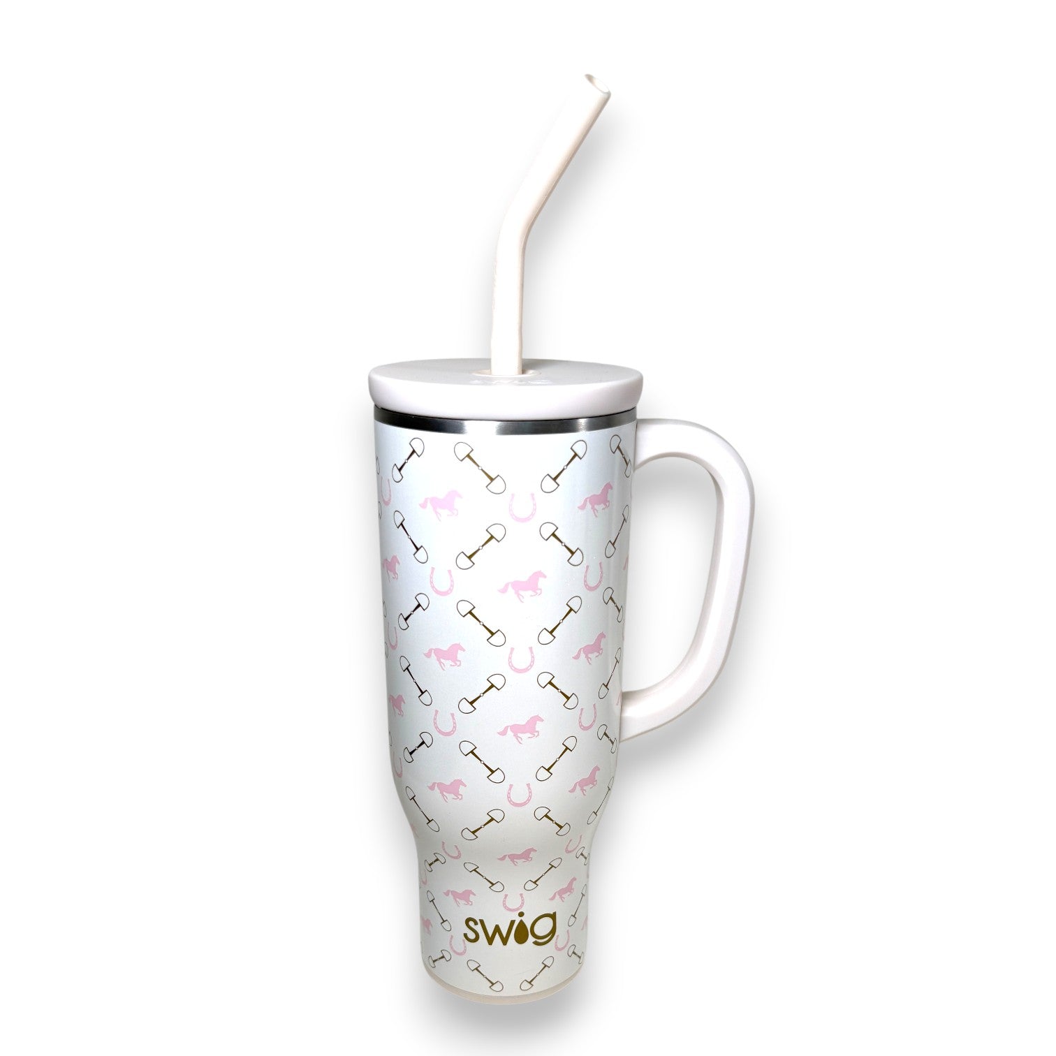 The 30oz Mega Mug in the Bits and Pieces pattern, featuring a sturdy handle and pink equestrian print.