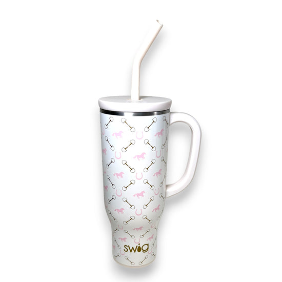 The 30oz Mega Mug in the Bits and Pieces pattern, featuring a sturdy handle and pink equestrian print.