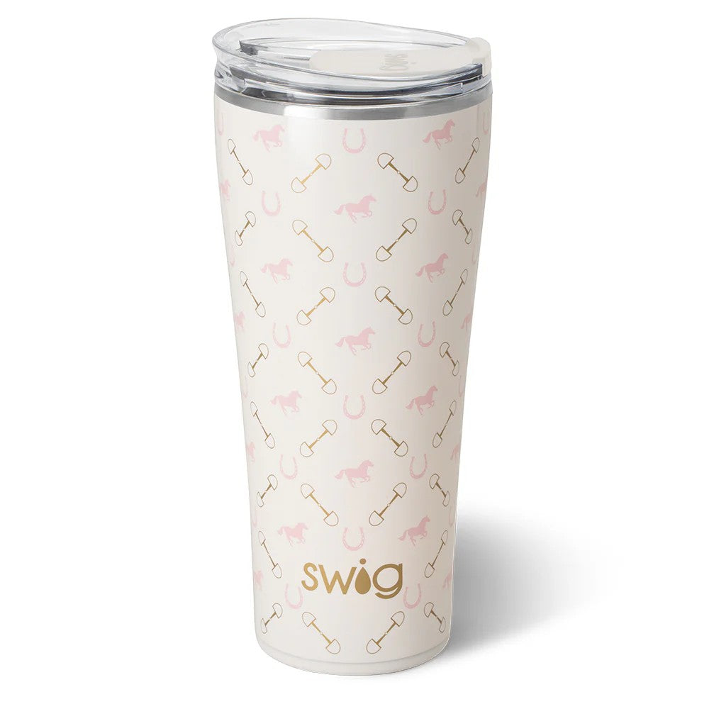 White tumbler with pink and gold bone pattern and 'Swig' logo on a white background
