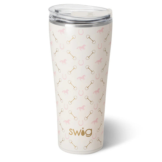 White tumbler with pink and gold bone pattern and 'Swig' logo on a white background
