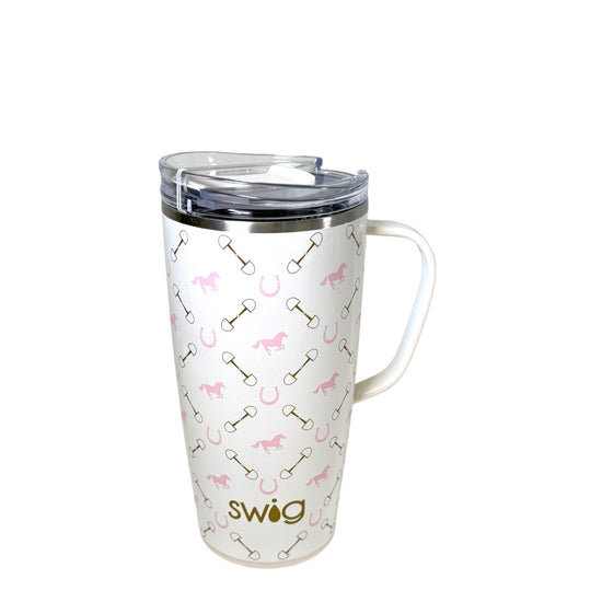 White mug with pink and gold horsebit pattern and 'swig' branding on a white background