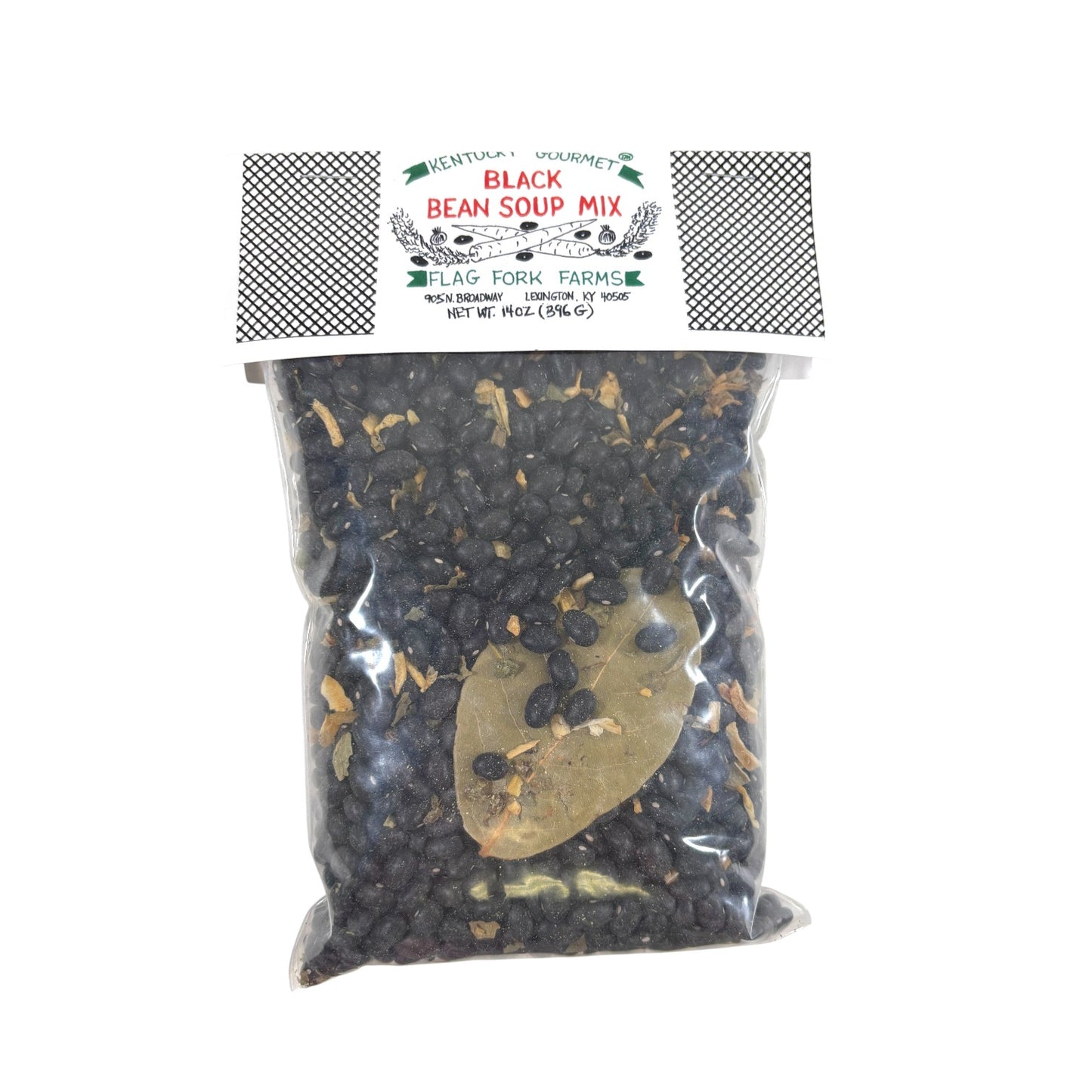 Bag of black bean soup mix with visible ingredients on a white background