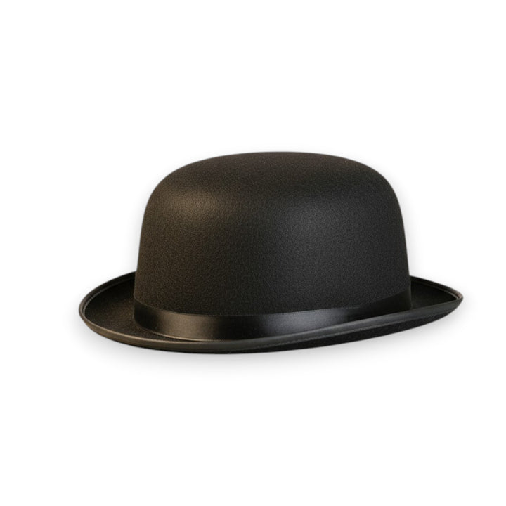 A classic black velour derby-style bowler hat with a rounded crown and curled brim, shown on a plain background.