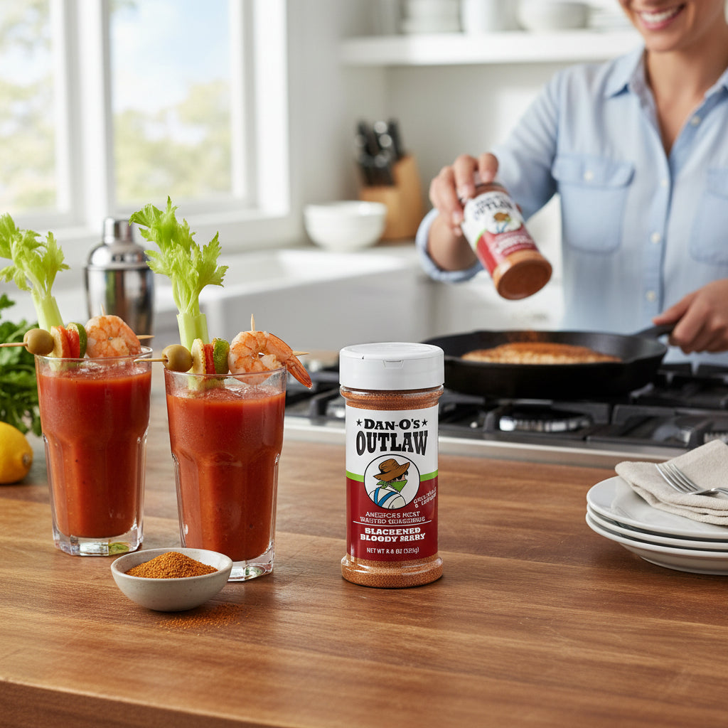 Person preparing food in a kitchen with Dan-O's Outlaw hot sauce on a counter.