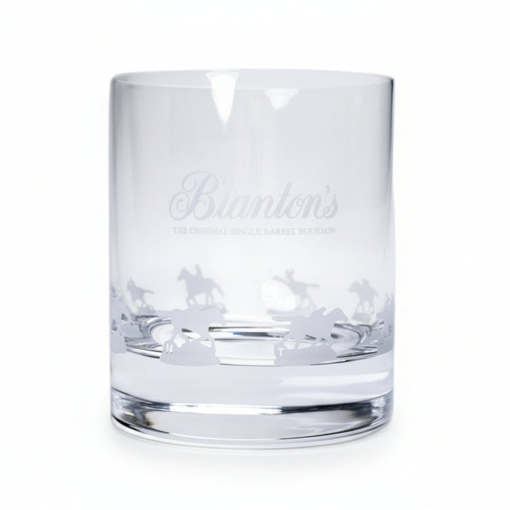 The Blanton's Glencairn Etched Gallop Glass showcasing the detailed horse and jockey design wrapping around the base.
