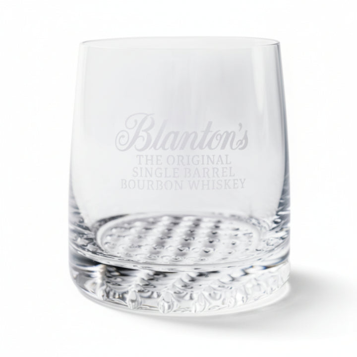 The Blanton's Old Fashioned Tundra Rocks Glass showcasing the etched logo and textured rock-lined base.