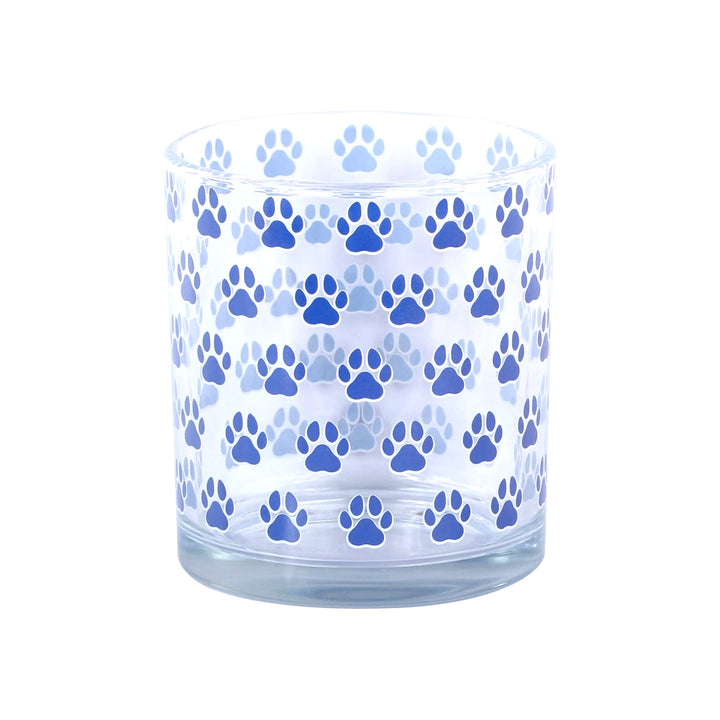 Clear glass Rocks glass with blue paw print pattern on a white background