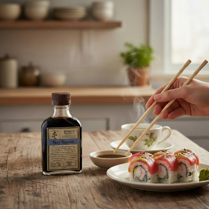 Bluegrass Soy Sauce served alongside sushi, dipping sauce, and tea on a rustic wooden table