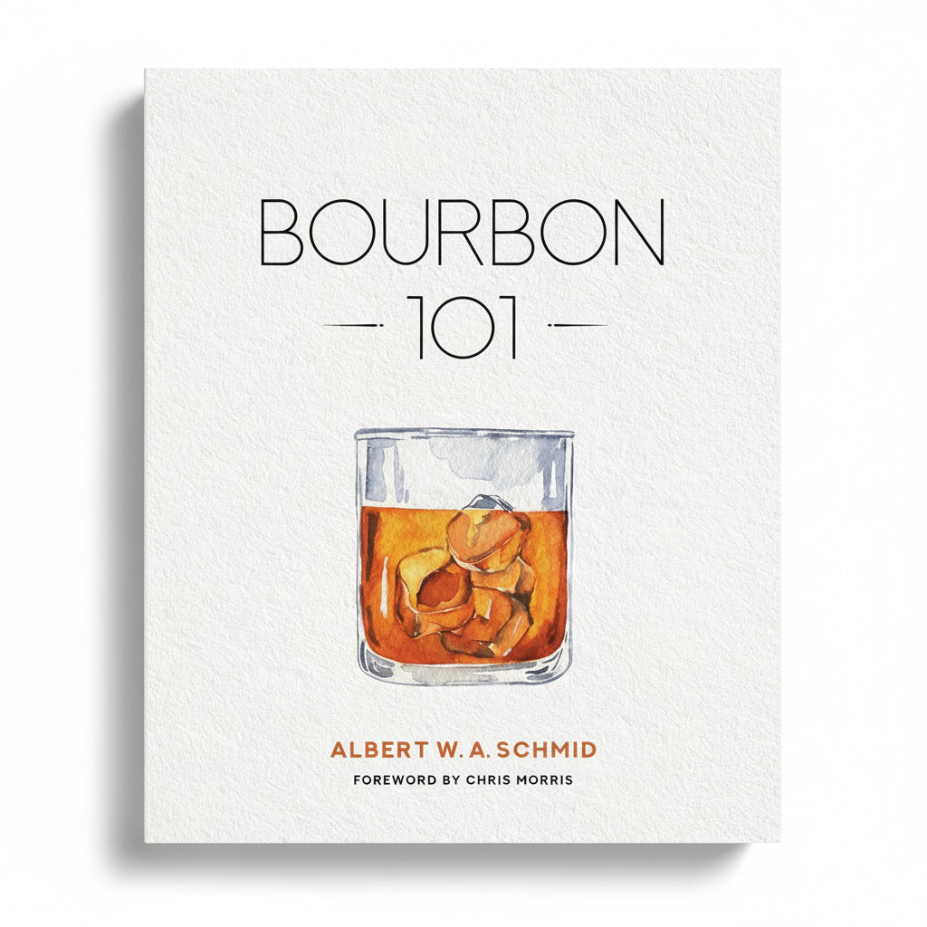 The front cover of Bourbon 101, featuring a watercolor illustration of a glass of bourbon on the rocks against a clean, white background.