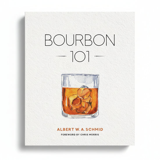 The front cover of Bourbon 101, featuring a watercolor illustration of a glass of bourbon on the rocks against a clean, white background.