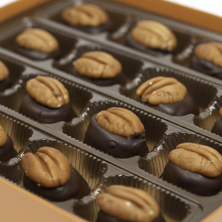 A close-up view of a single bourbon ball, highlighting the dark chocolate and pecan topping.