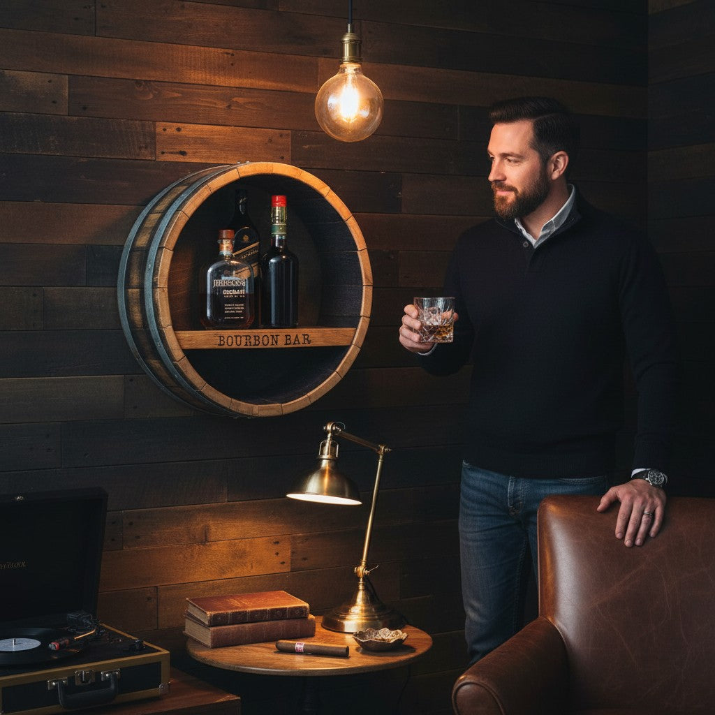 Whiskey Bar Shelf | Handcrafted Reclaimed Whiskey Stave Bottle Display Shelf