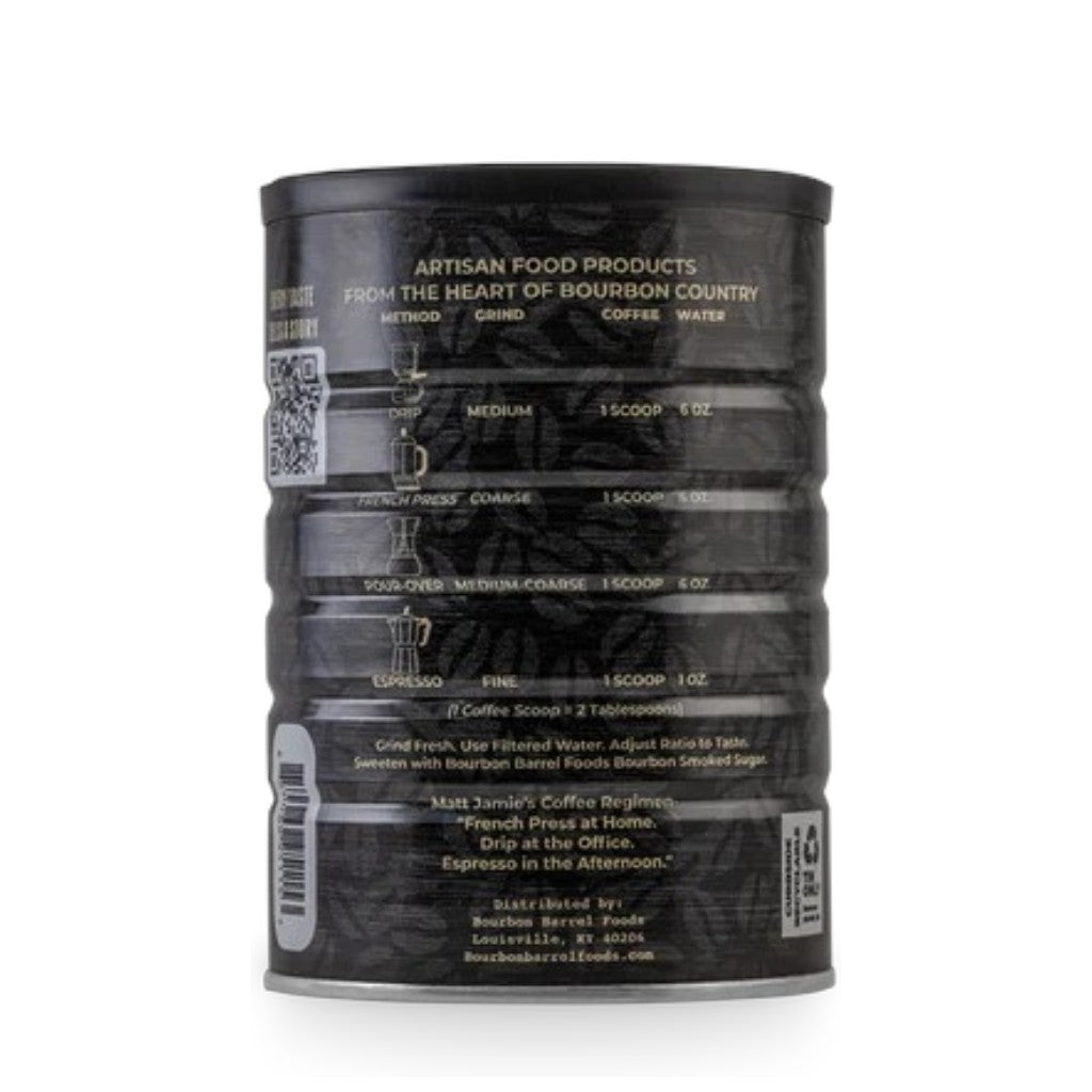 Angled product shot of Bourbon Barrel Aged Coffee whole bean package