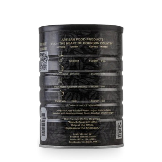 Angled product shot of Bourbon Barrel Aged Coffee whole bean package