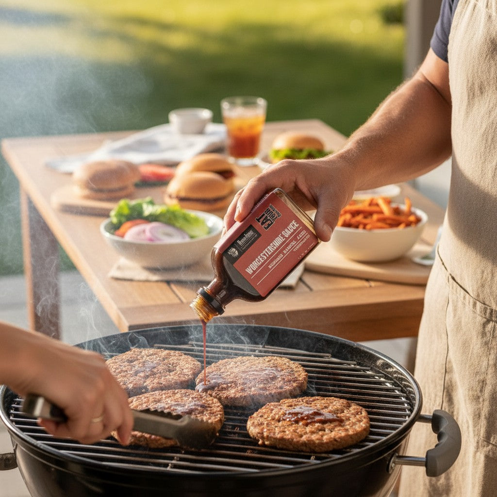 Person grilling burgers with a bottle of Bourbon Barrel Aged Worcestershire Sauce outdoors